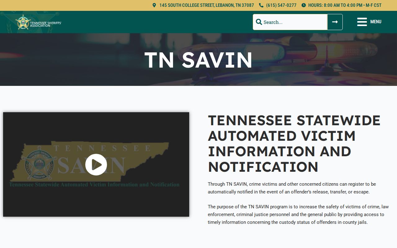 Tennessee SAVIN explanation for Hardin County custody alerts