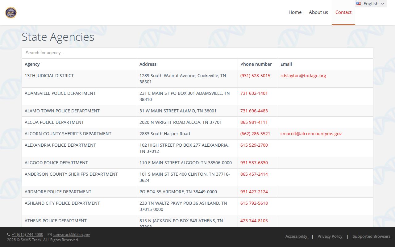 TBI agency contact directory for Crump Police arrest records